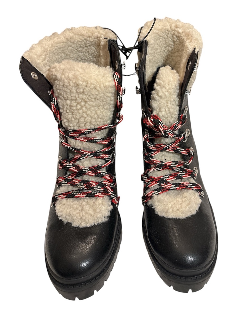 Womens Black Faux-Shearling Lace-Up Winter Boots